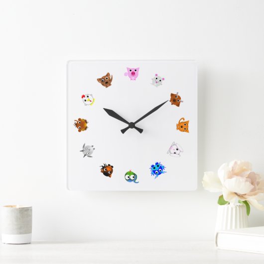 Chinese Zodiac Animals (rotated) スクエア壁時計 (ホーム)