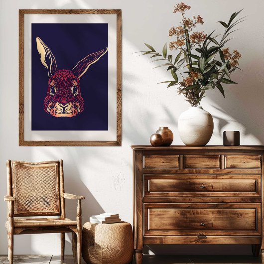 Chinese Zodiac Rabbit Wall Art Print Rustic Decor キャンバスプリント