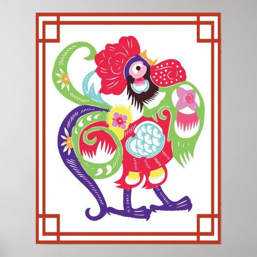 Chinese Zodiac Rooster Papercut ポスター (正面)