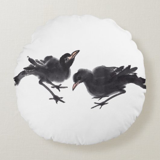 Chinesische Tuschekunst mit Vogelmotiv ラウンドクッション (正面)