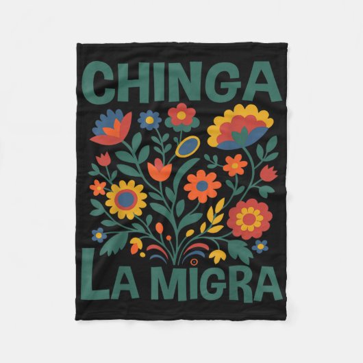 Chinga La Migra Retro Flowers  フリースブランケット (正面)