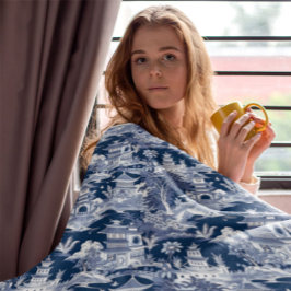 Chinoiserieの風景絵画のブルーホワイト スローブランケット