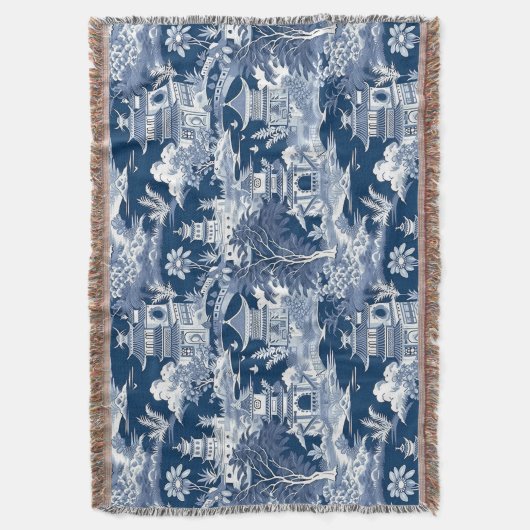 Chinoiserieの風景絵画のブルーホワイト スローブランケット (正面縦)