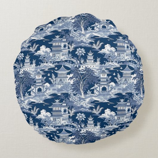 Chinoiserieの風景絵画のブルーホワイト ラウンドクッション (裏面)