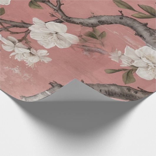 Chinoiserieほこりっぽいピンクのさくらんぼの花の背景 ラッピングペーパー (角)