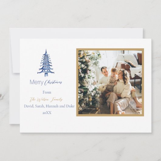 Chinoiserieクリスマスシンプルのクリスマスブルーパゴダ2枚 – 写真 シーズンカード (正面)