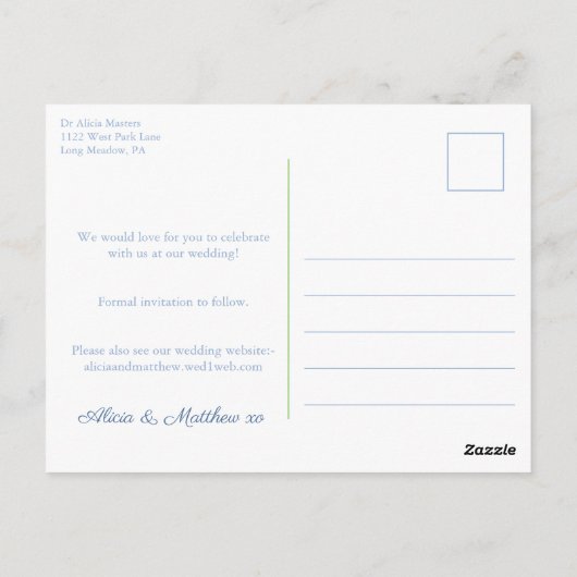 Chinoiserieシックなネイビーブルーグリーン日付を保存 ポストカード (裏面)