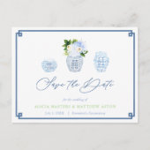 Chinoiserieシックなネイビーブルーグリーン日付を保存 ポストカード (正面)