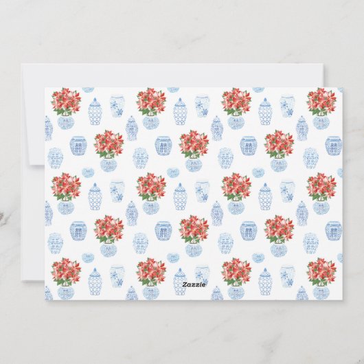 Chinoiserieシックなポインセチア家族の写真クリスマス シーズンカード (裏面)