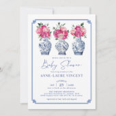 Chinoiserieジンジャージャースピンク牡丹ベビーシャワー 招待状 (正面)