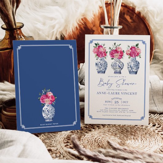 Chinoiserieジンジャージャースピンク牡丹ベビーシャワー 招待状