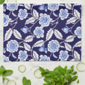Chinoiserieデルフトブルーフローラ磁器パターン キッチンタオル (折り畳み)