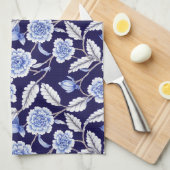 Chinoiserieデルフトブルーフローラ磁器パターン キッチンタオル (四つ折り)