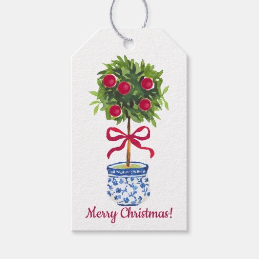 Chinoiserieトピアリークリスマスブルーホワイトホリデー ギフトタグ (正面)