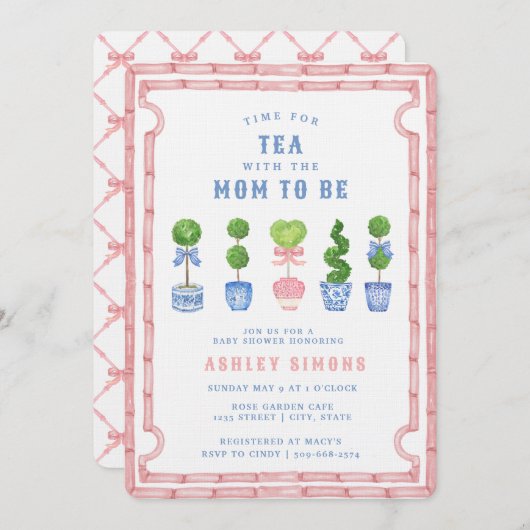 Chinoiserieトピアリーベビーシャワー |ピンクティーパーティー 招待状 (正面/裏面)