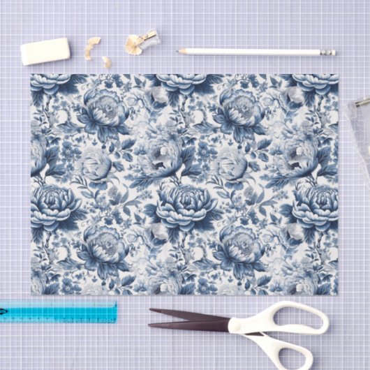 Chinoiserieネイビーブルーホワイト牡丹フローラデコページ 薄葉紙 (クラフト)