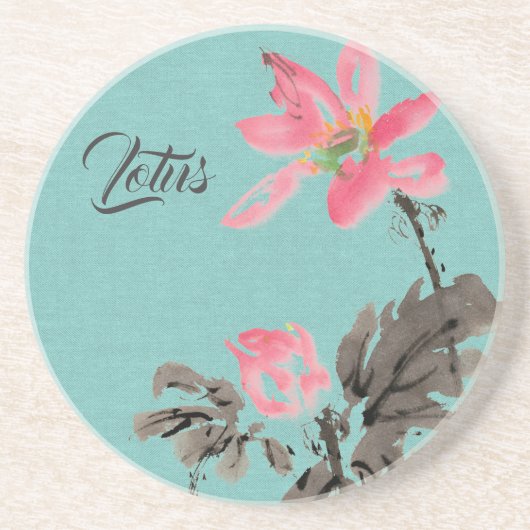 Chinoiserieフリーハンドウォーターカラーフローラロータスグリーン コースター (正面)