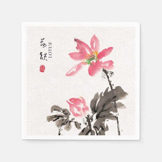 Chinoiserieフリーハンドウォーターカラーフローラロータスナック スタンダードカクテルナプキン (正面)