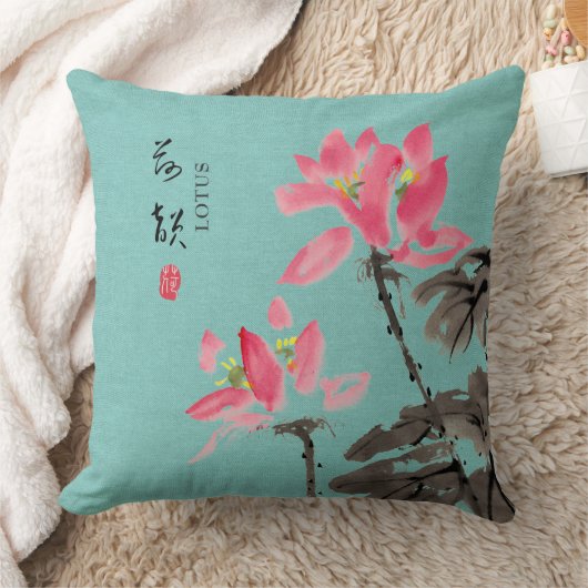 Chinoiserieフリーハンドウォーターカラーロータスフラワーグリーン クッション (ブランケット)