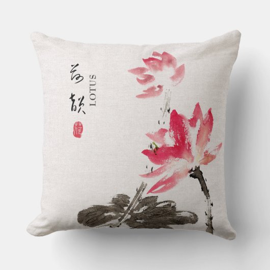 Chinoiserieフリーハンド水彩蓮の花 クッション (正面)