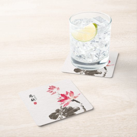 Chinoiserieフリーハンド水彩蓮の花 スクエアペーパーコースター (インサイチュ)
