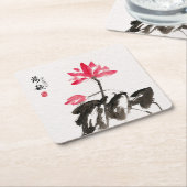 Chinoiserieフリーハンド水彩蓮の花 スクエアペーパーコースター (アングル)