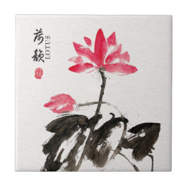 Chinoiserieフリーハンド水彩蓮の花 タイル