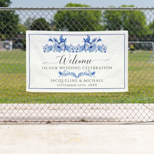 Chinoiserieフローラネイビーブルーホワイトバードズ結婚ズ 横断幕 (インサイチュ)