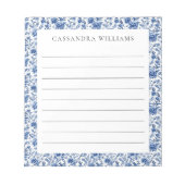 Chinoiserieフローラブルーパーソナライズされたネームが並ぶ ノートパッド (正面)