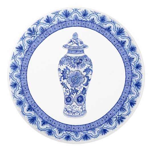 Chinoiserieフローラブルーホワイトジンジャージャーヴィンテージ セラミックノブ (正面)