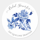 Chinoiserieフローラブルーホワイトバードブライダルシャワー ラウンドシール (正面)