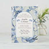 Chinoiserieフローラホワイトブルーnセージ結婚バード 招待状 (スタンド正面)