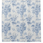 Chinoiserieフローラ花瓶牡丹ブルーホワイトバス シャワーカーテン (正面)