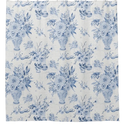 Chinoiserieフローラ花瓶牡丹ブルーホワイトバス シャワーカーテン (正面)