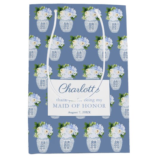 Chinoiserieブルーとホワイトメイド・オブ・オーナー(花嫁付き添い人)ありがとう ミディアムペーパーバッグ (正面)