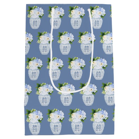 Chinoiserieブルーとホワイトメイド・オブ・オーナー（花嫁付き添い人）ありがとう ミディアムペーパーバッグ (裏面)