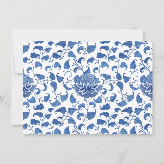 Chinoiserieブルーと白の結婚式の日付を保存 案内状 (裏面)