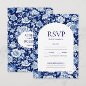 ChinoiserieブルーフローラウェディングRSVPカード 出欠カード (正面/裏面)