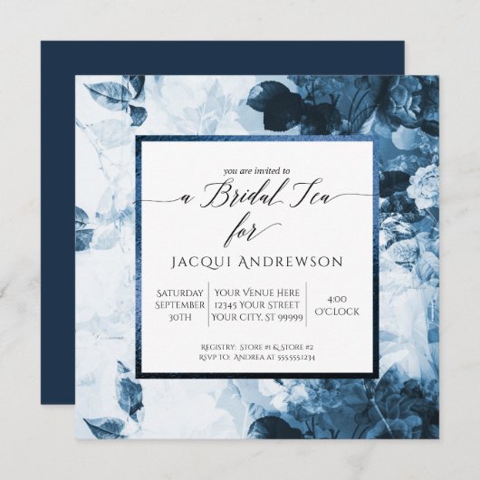 Chinoiserieブルーフローラスクリプトブライダル茶パーティー 招待状 (正面/裏面)