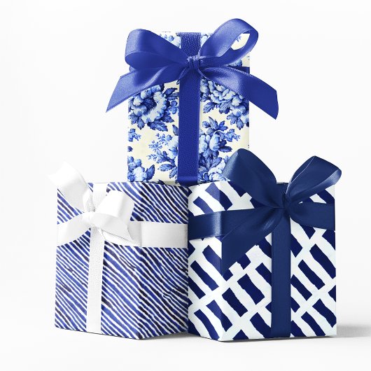 Chinoiserieブルーホワイトフローラとストライプ ラッピングペーパーシート