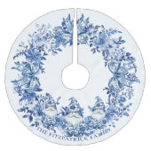 Chinoiserieブルーホワイトフローラクリスマス格言ボウ ブラッシュドポリエステルツリースカート (正面)