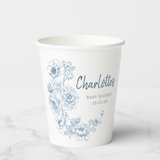 Chinoiserieベビーシャワーカップ – ほこりっぽいブルーフローラ 紙コップ (裏面)