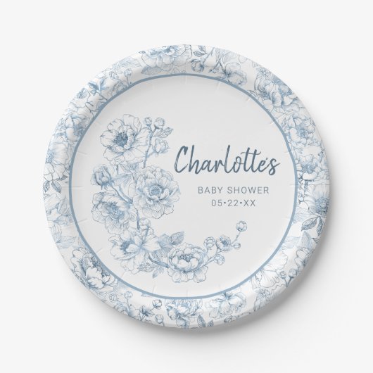 Chinoiserieベビーシャワー紙プレート- Dusty Blue ペーパープレート (正面)