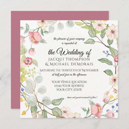 Chinoiserieベリーピンクウォーターカラーバラリーフフローラ 招待状 (正面/裏面)