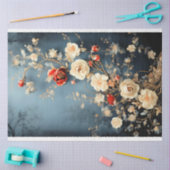 Chinoiserieミッドナイトブルー、ダークムーディーズ花模様 薄葉紙 (クラフト)