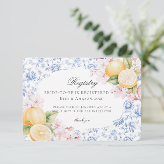 Chinoiserieレモンティーブライダルシャワートイレレジストリ エンクロージャーカード (スタンド正面)