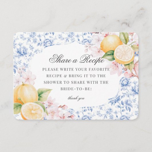Chinoiserieレモンティーブライダルシャワー共有アレシピ エンクロージャーカード (正面)