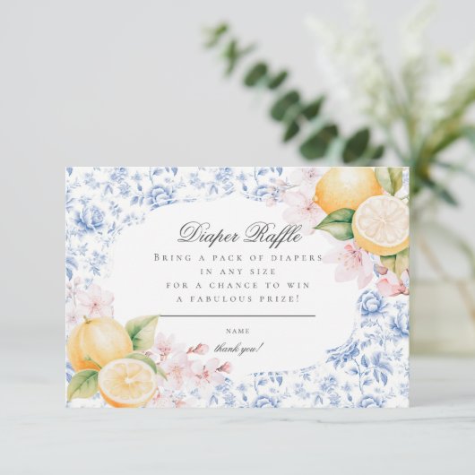 Chinoiserieレモンティーベビーシャワーおむつラッフル エンクロージャーカード (スタンド正面)