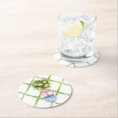 Chinoiserieレモントピアリーグリーンアンドホワイトフローラ ラウンドペーパーコースター (インサイチュ)
