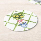 Chinoiserieレモントピアリーグリーンアンドホワイトフローラ ラウンドペーパーコースター (アングル)